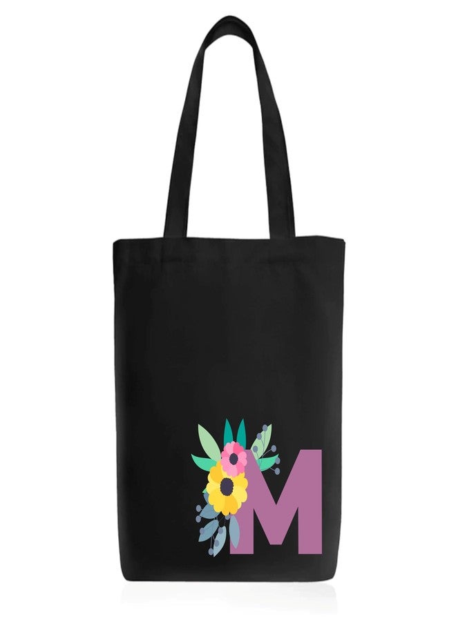 Roundsun Magnetic Button Closure Alphabet Printed Cotton Canvas Vertical Tote Bag | 300 GSM Cloth | No Zipper | No Inner Pocket | Multi-Purpose Bag | Reusable | Eco Friendly Yet Trendy (Alphabet M, Black) - Image 2